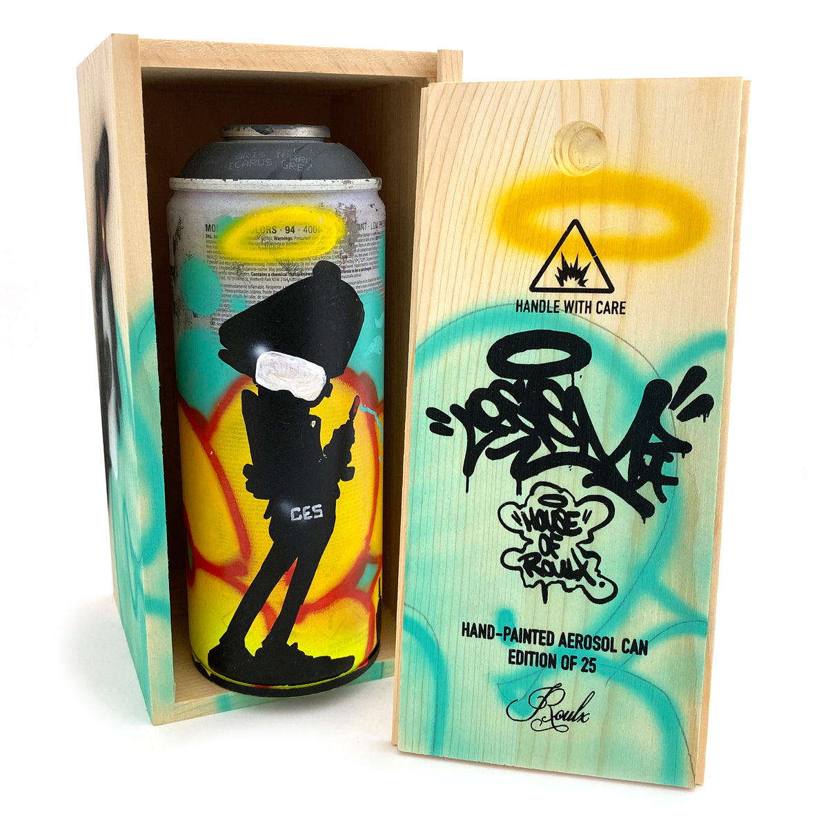 CES Original Hand-Painted Aerosol Can in Hand-Painted/Screen-Printed Wooden Box