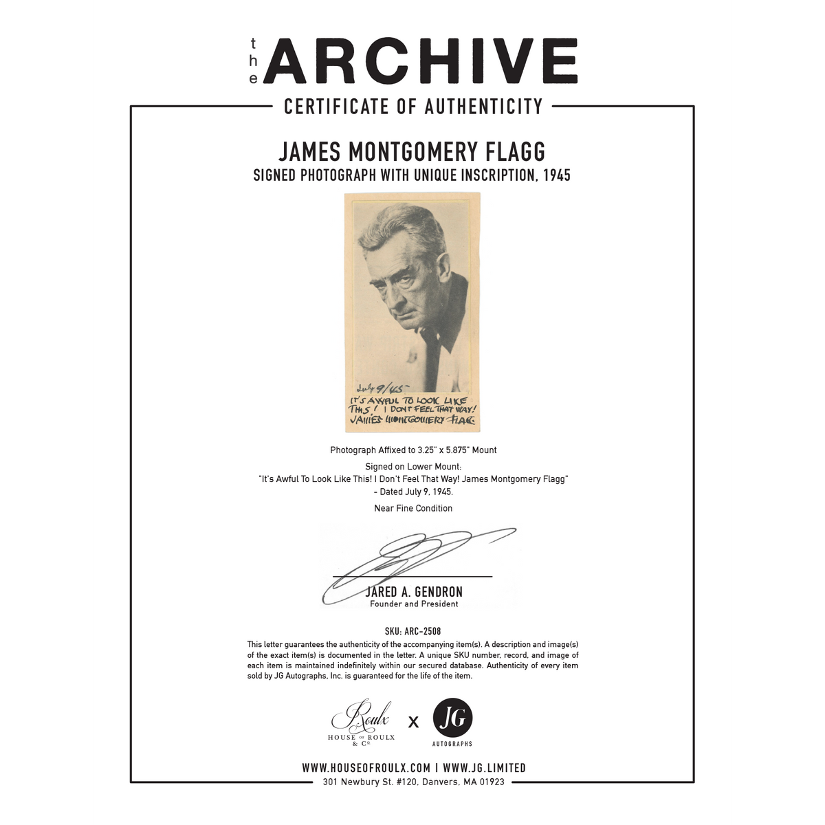 James Montgomery Flagg - Signed Photograph with Unique Inscription, 1945