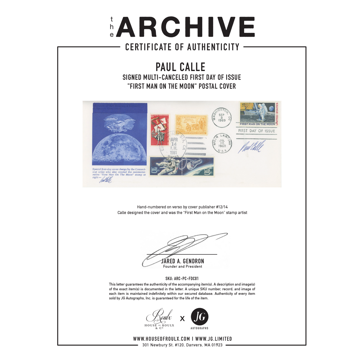 Paul Calle - Signed Multi-Canceled First Day of Issue &quot;First Man on the Moon&quot; Postal Cover