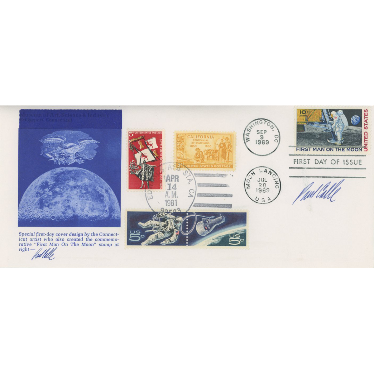 Paul Calle - Signed Multi-Canceled First Day of Issue &quot;First Man on the Moon&quot; Postal Cover