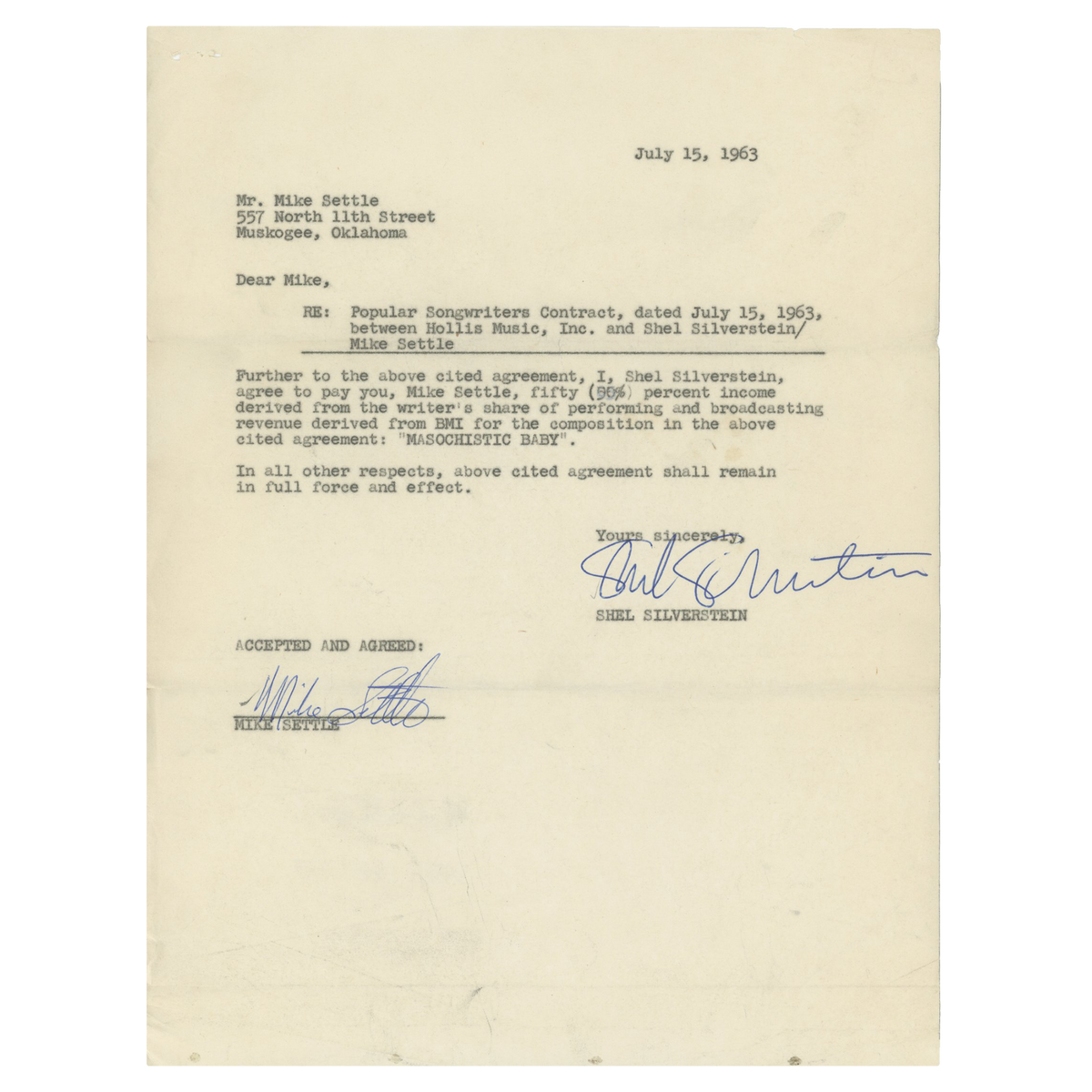 Shel Silverstein - 1963 Signed Contract between Shel Silverstein and Mike Settle