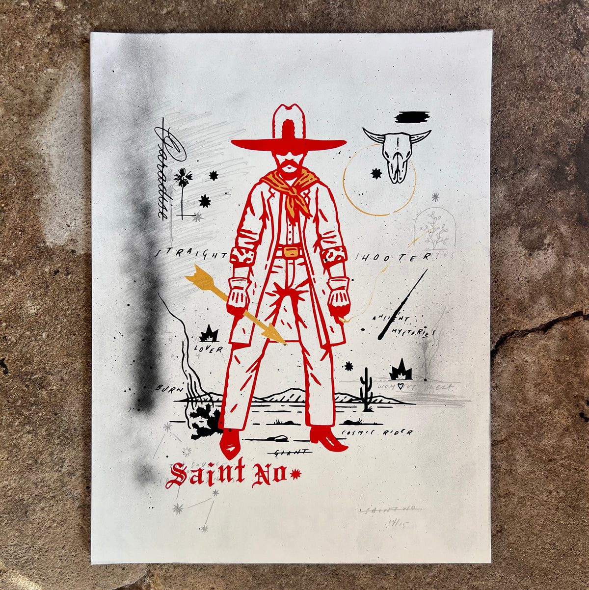 SAINT NO &quot;STRAIGHT SHOOTER&quot; - Premium Hand-Embellished, Screen Printed Edition of 15 - 18 x 24&quot;